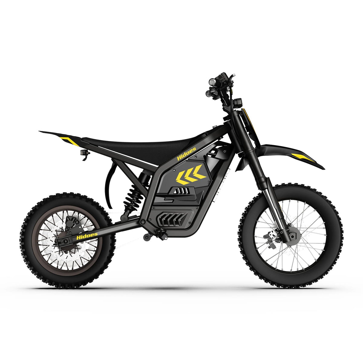 Moto électrique tout-terrain Hidoes G2 noire et jaune, vue latérale