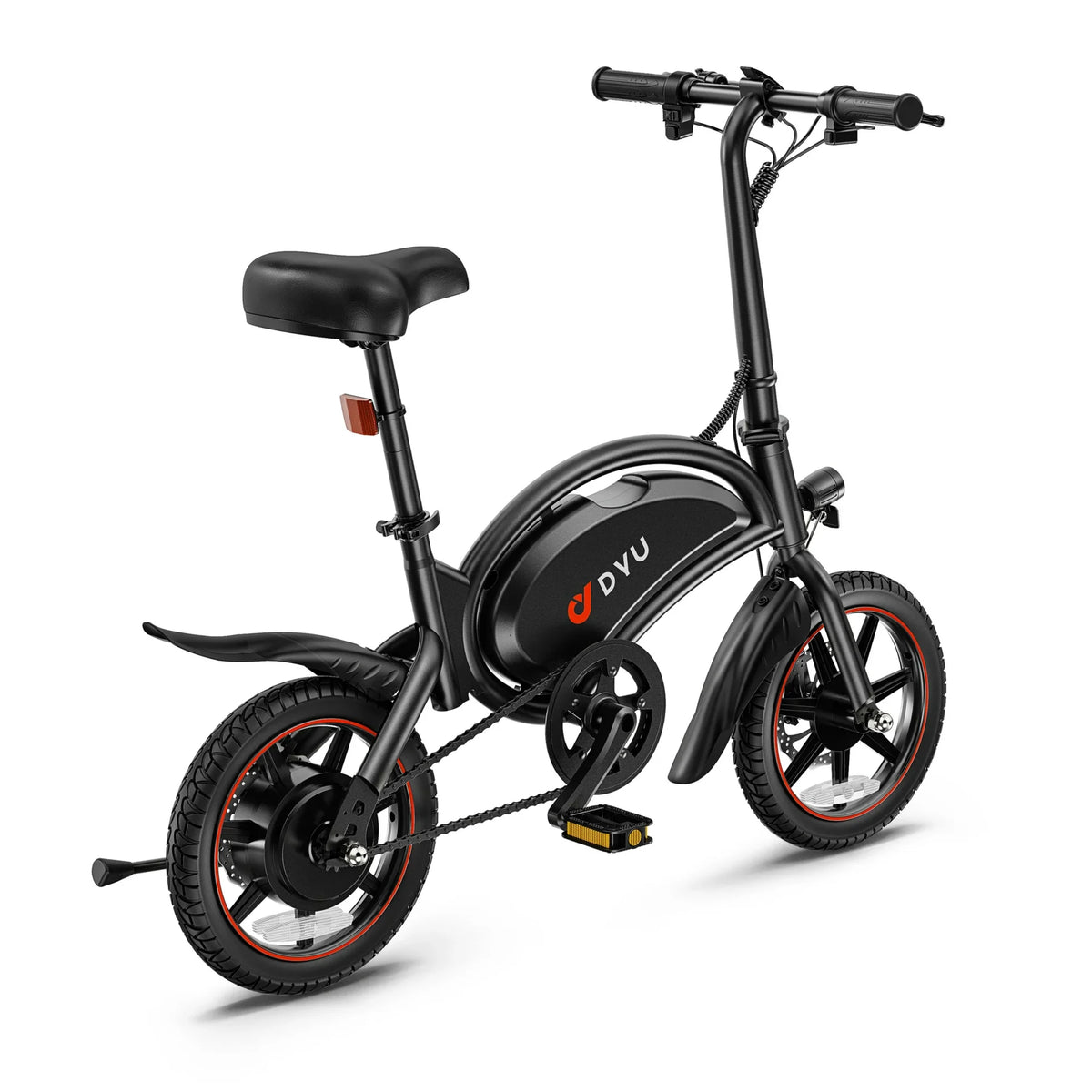 Vélo électrique pliant DYU D3S noir en vue trois-quarts sur fond blanc