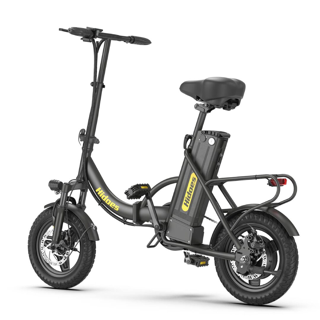 Vue trois-quarts arrière droite du Hidoes C5 noir, batterie, porte-bagages et frein arrière visibles