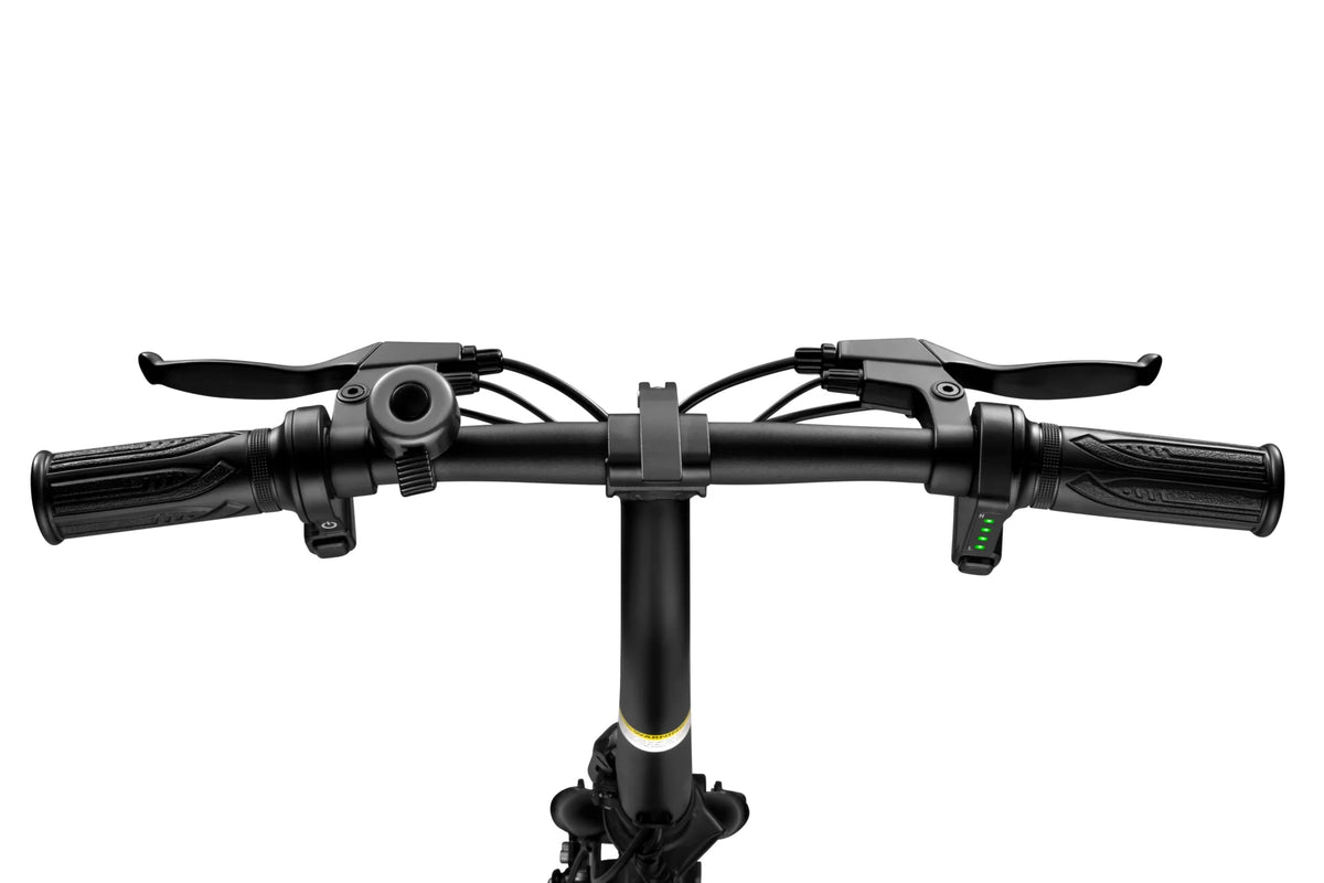 Gros plan du guidon DYU D3S avec leviers, sonnette et indicateur de batterie