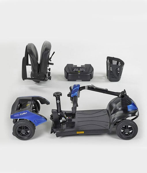 Invacare Colibri bleu vu de côté avec panier et siège