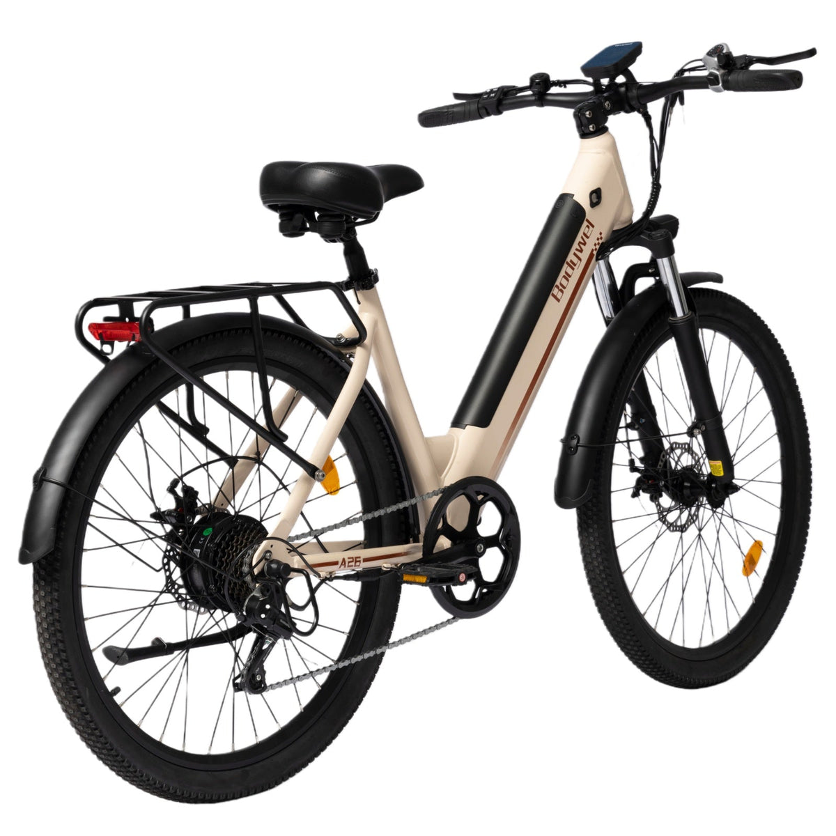 Vélo électrique Bodywel A26 couleur amande, vue arrière trois-quarts avec transmission et porte-bagages