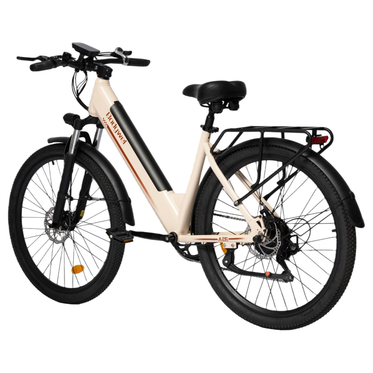 Vélo électrique Bodywel A26 couleur amande, vue entière opposée avec freins à disque