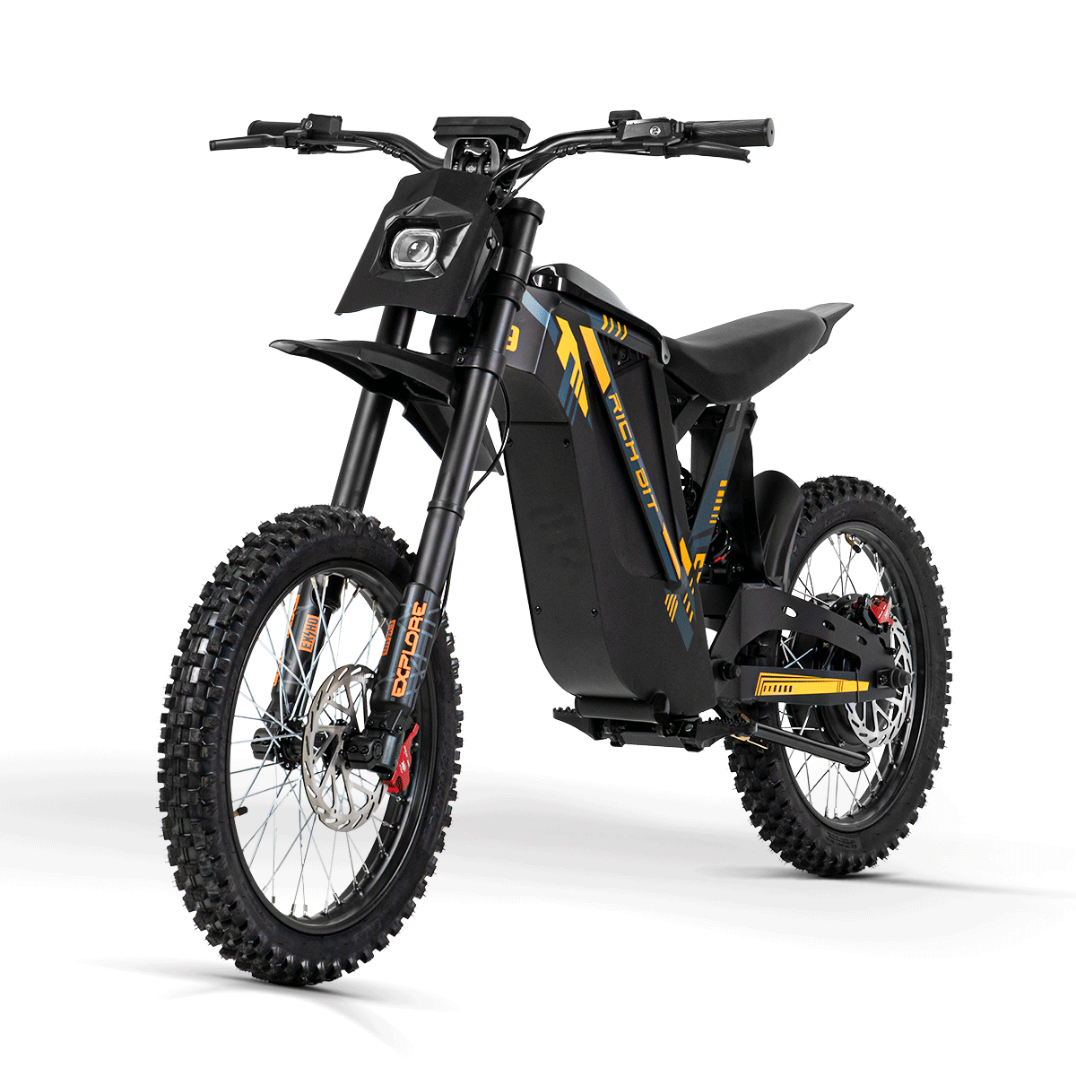 RICH BIT V9 Ultra noire et jaune, vue trois-quarts avant, moto électrique tout-terrain