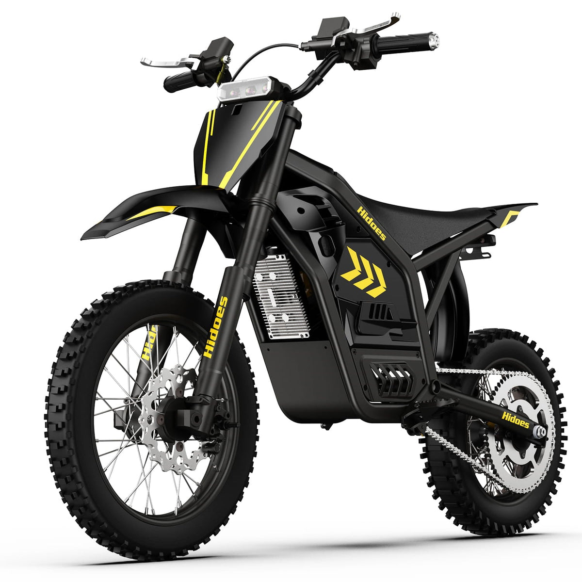 Moto électrique tout-terrain Hidoes G2 noire et jaune, vue trois quarts avant