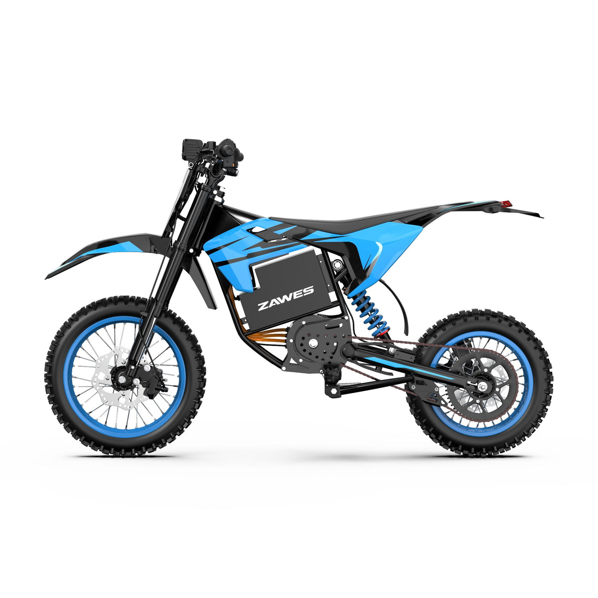 ZAWES S3 bleue et noire en profil latéral, batterie ZAWES, moteur et transmission visibles
