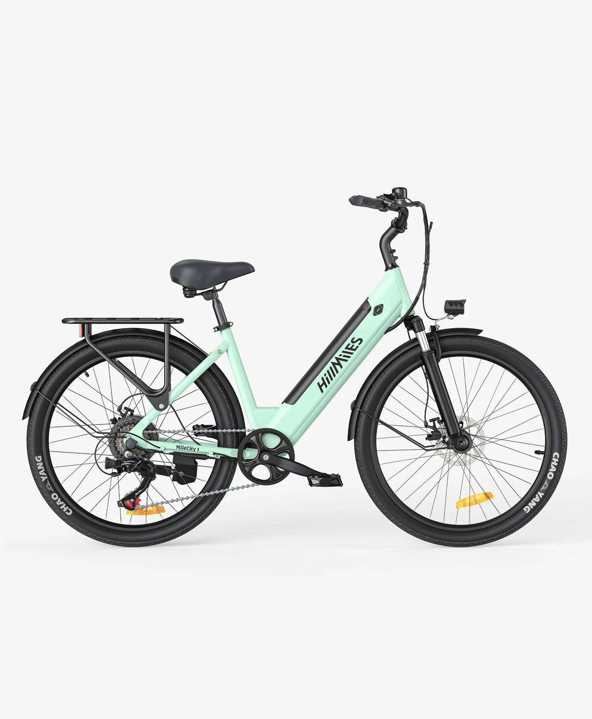 HillMiles MileCity 1 vert menthe — vue latérale complète avec porte-bagages, fourche suspendue et roues 26 pouces