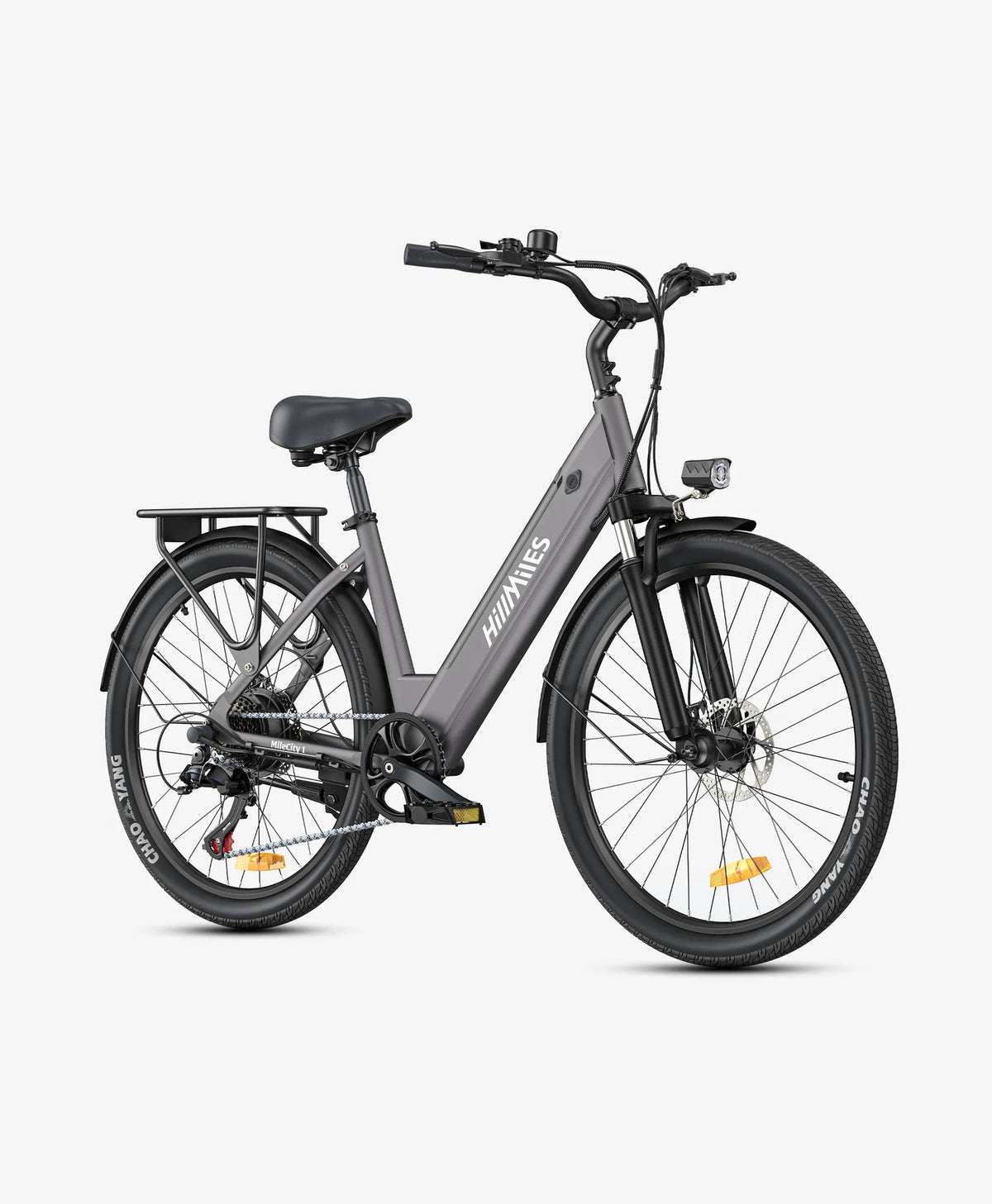 Vélo électrique HillMiles MileCity 1 gris, vue trois-quarts sur fond blanc