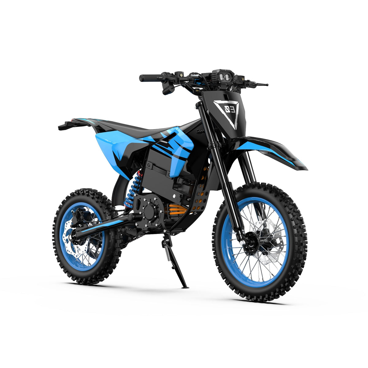 ZAWES S3 bleue et noire vue avant trois-quarts, guidon, phare et suspension visibles
