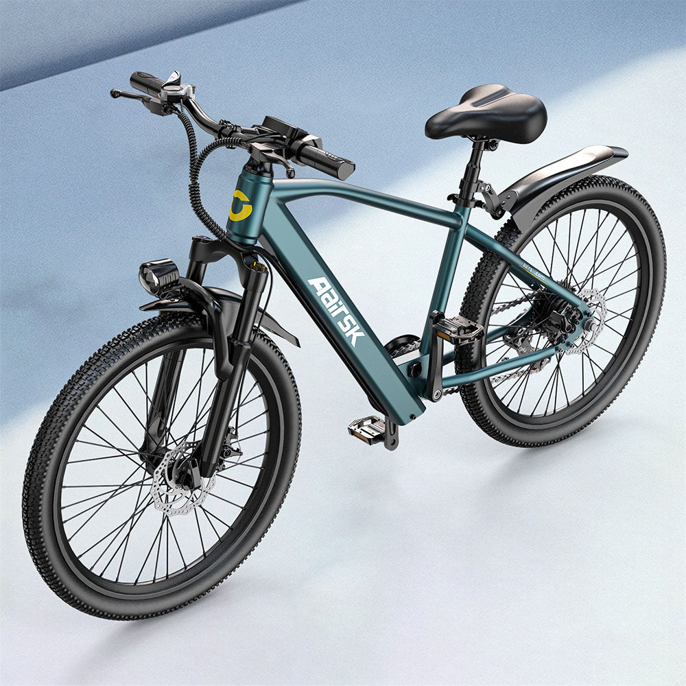 Vélo électrique Aairsk GT900 bleu-vert vu de trois-quarts, avec double suspension, fourche avant et freins à disque