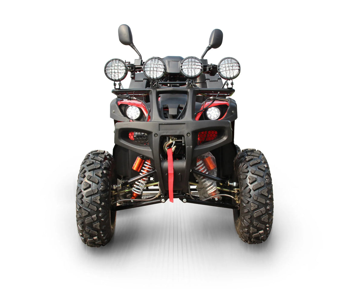 Vue frontale du quad électrique adulte rouge 3000W 60V, quatre projecteurs et pare-buffle