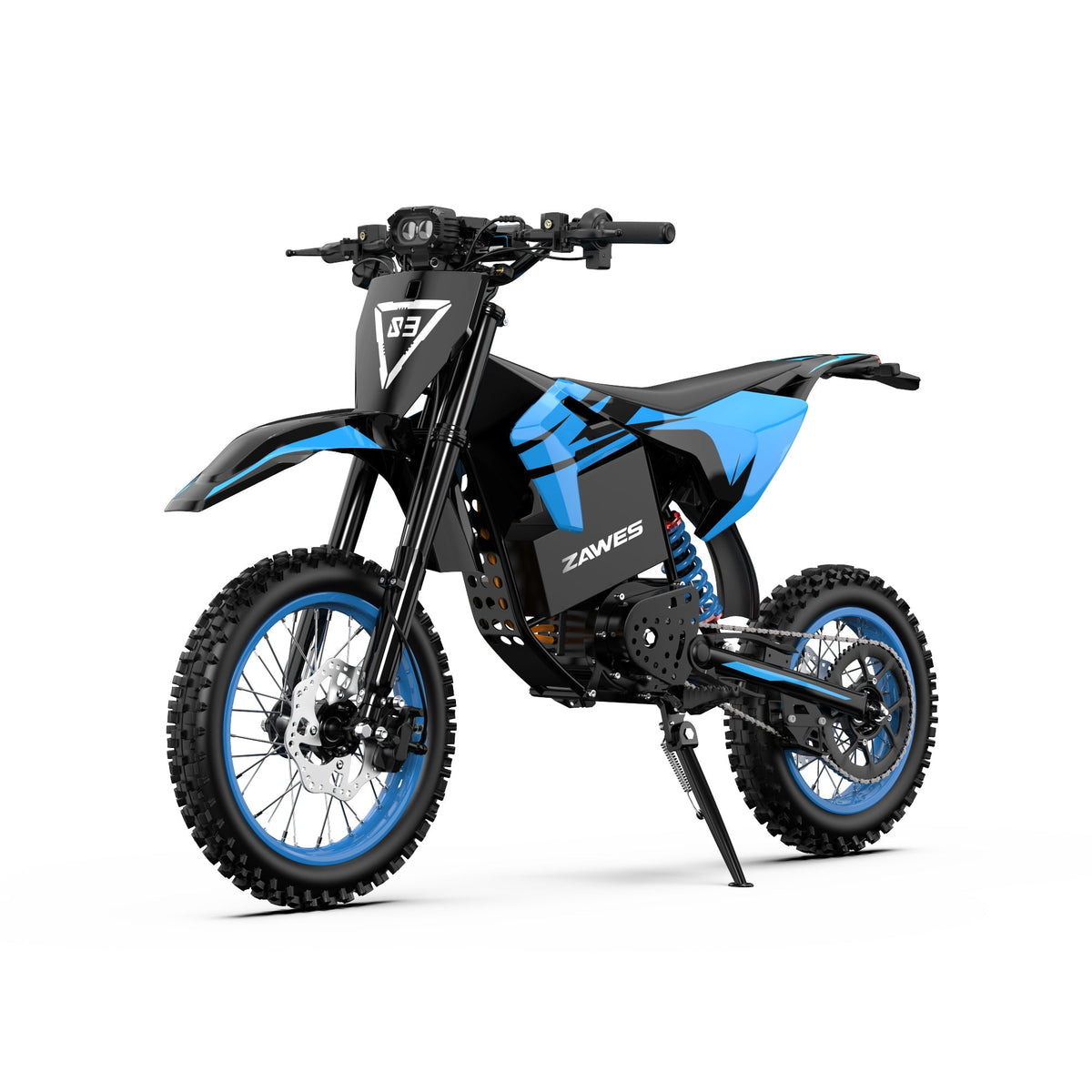 ZAWES S3 bleue et noire vue arrière trois-quarts, batterie, moteur et frein arrière visibles