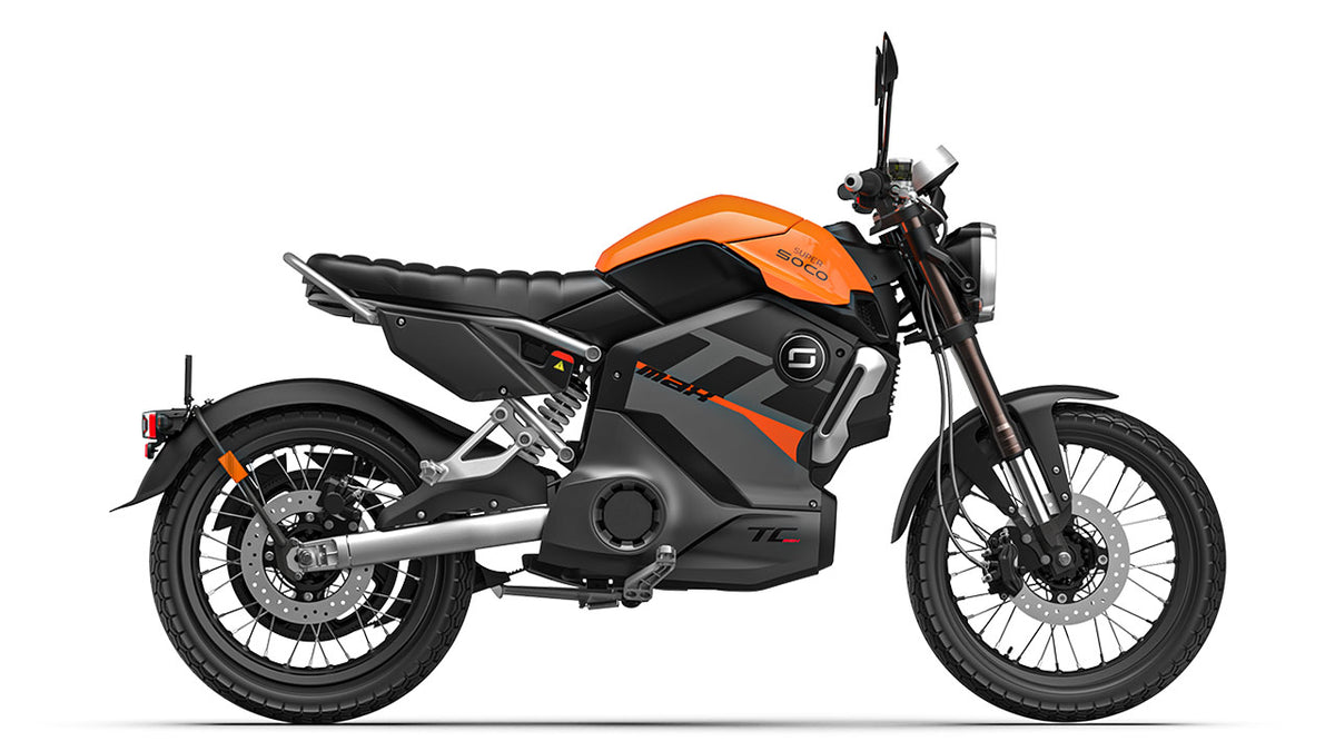 Vue latérale de la moto électrique Super Soco TC Max orange et noire