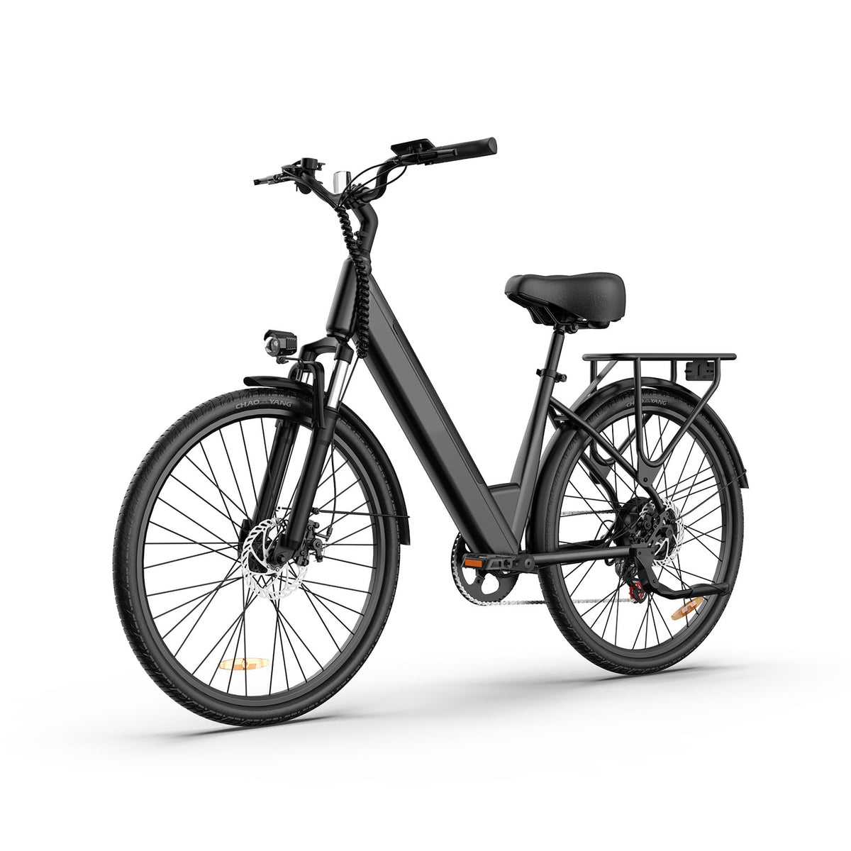 Urlife E26 noir, détail de la batterie intégrée, de la fourche et du frein à disque avant