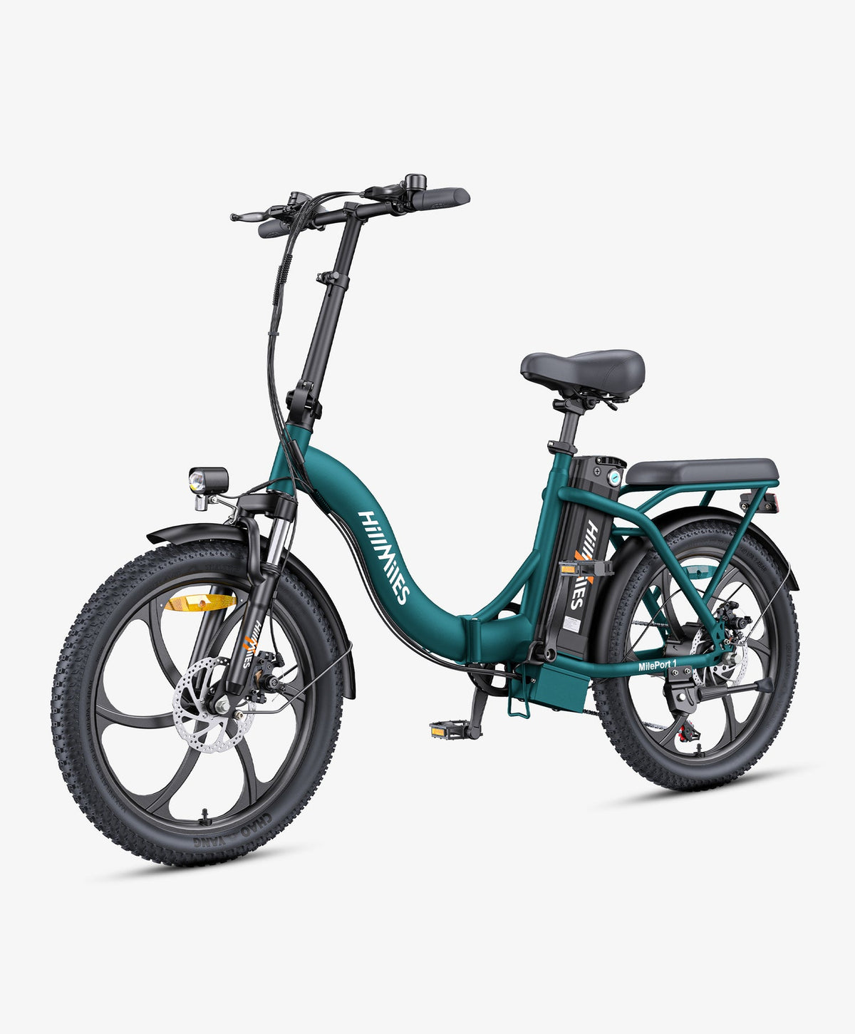 Vélo électrique pliant HillMiles MilePort 1 vert avec pneus fat tire, vue de profil sur fond blanc