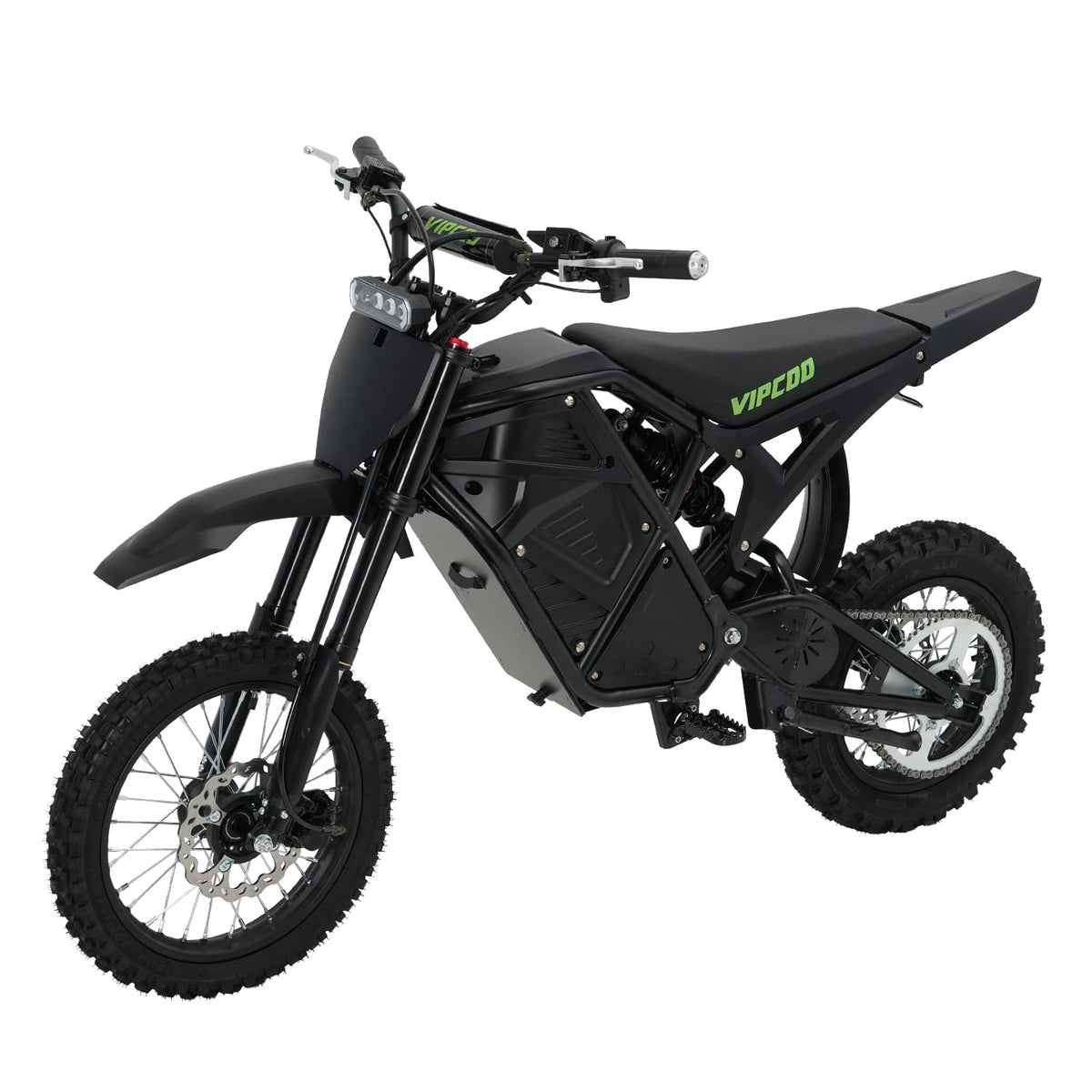 Moto électrique tout-terrain Vipcoo H3 noire, vue trois quarts avant gauche sur fond blanc