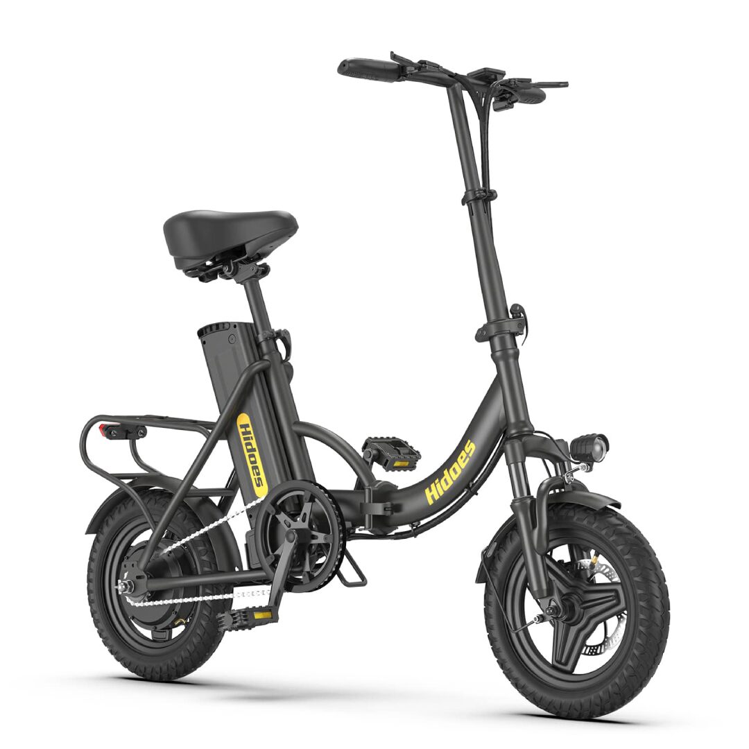 Vue trois-quarts arrière gauche du Hidoes C5 noir, batterie, porte-bagages et roue motrice visibles