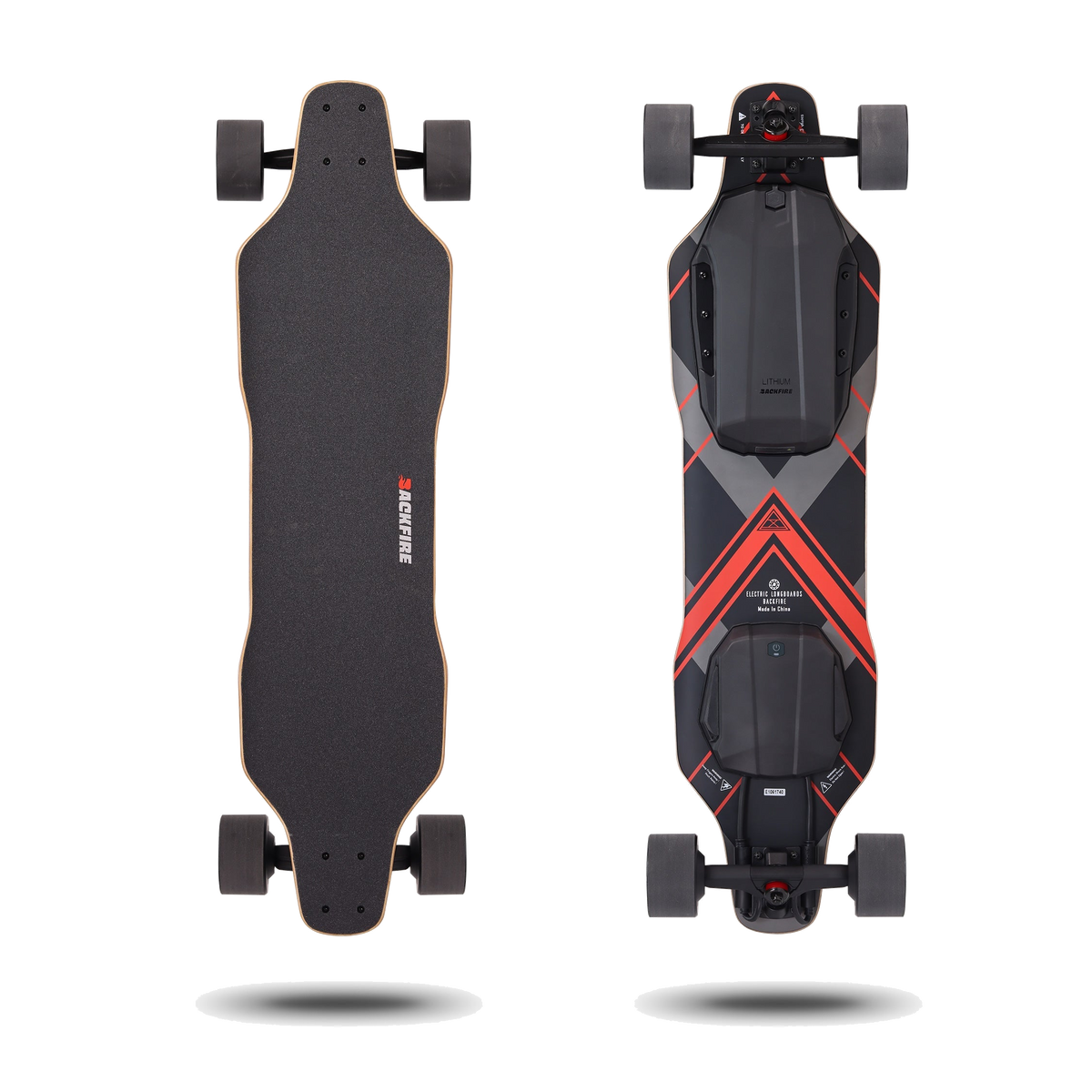Backfire G5 — vues dessus et dessous du skateboard électrique longboard