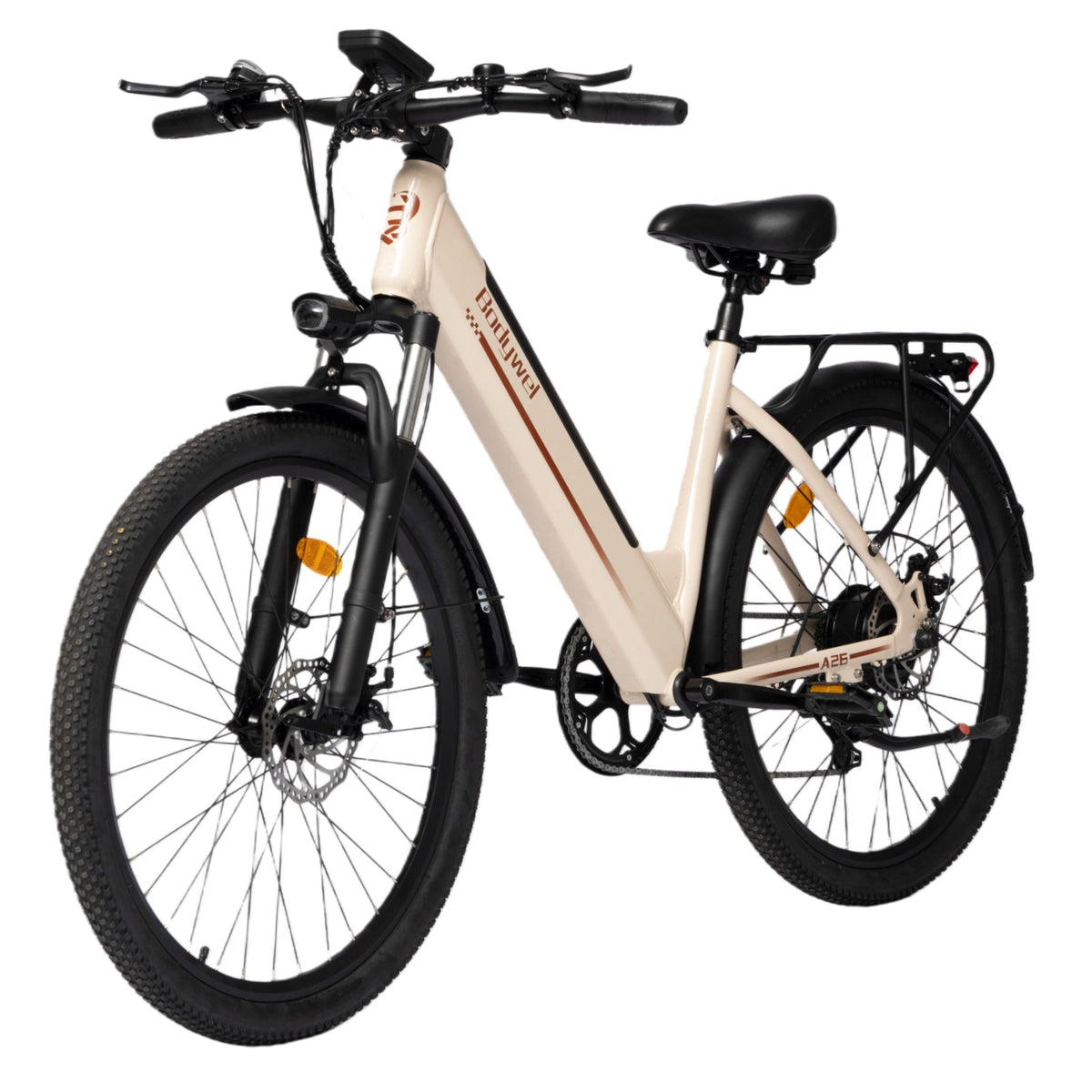 Vélo électrique Bodywel A26 couleur amande, vue avant trois-quarts avec suspension et porte-bagages