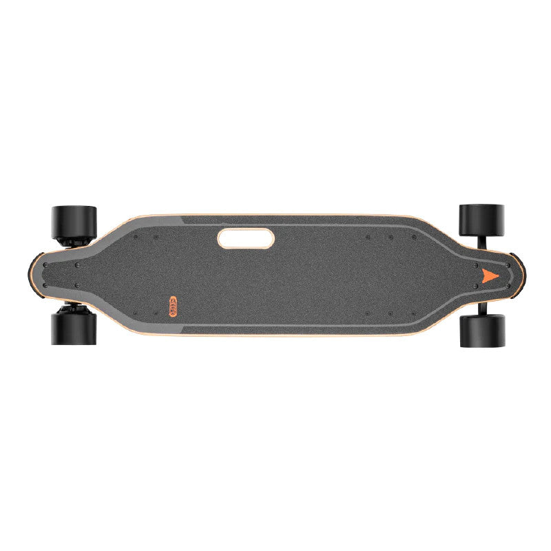 Meepo V5, vue de dessus du skateboard électrique gris foncé avec poignée intégrée