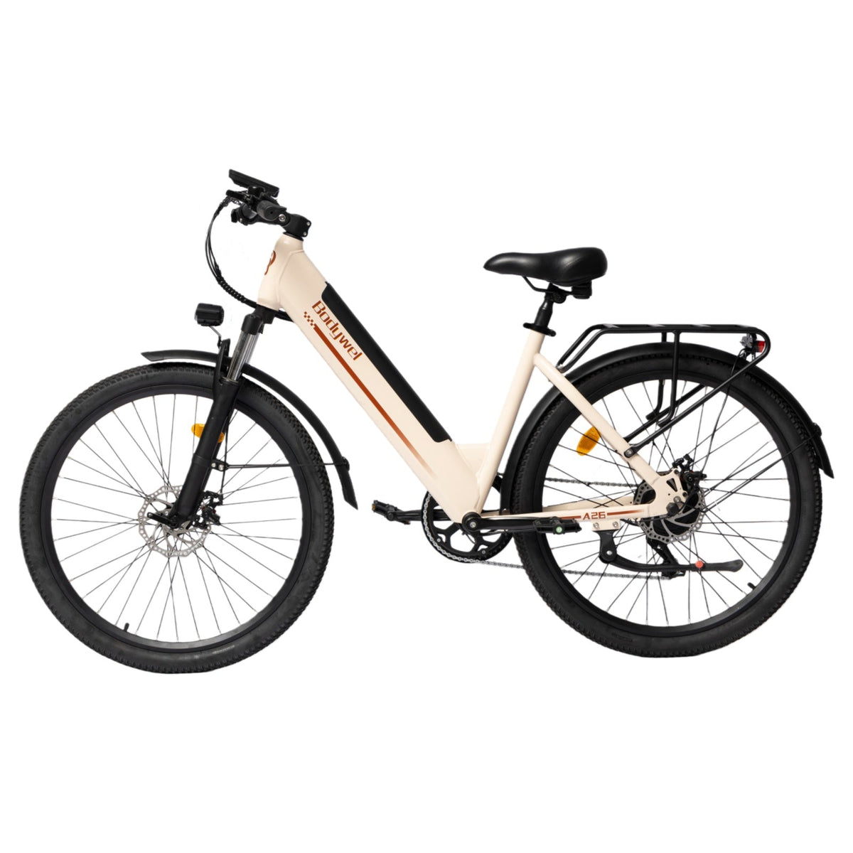 Vélo électrique Bodywel A26 couleur amande, profil entier avec batterie intégrée et porte-bagages